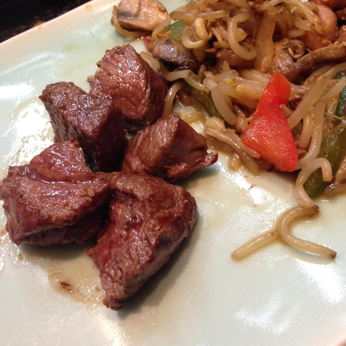 Seared bean sprouts with beef tenderloin