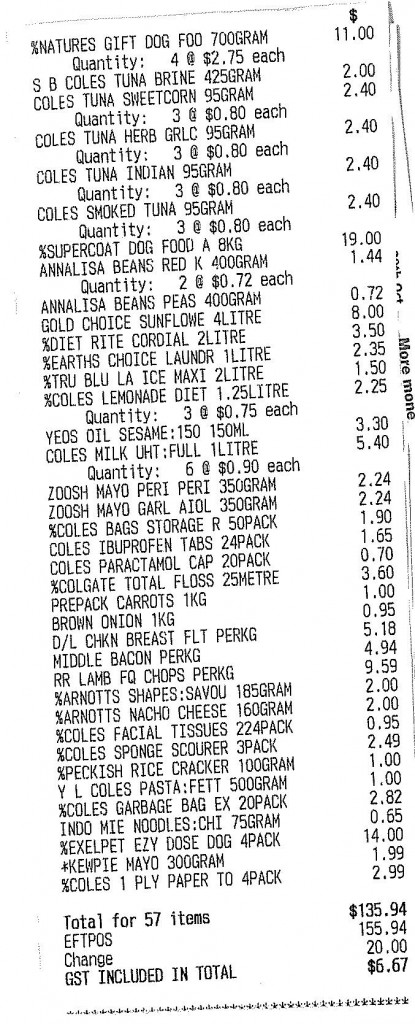 Coles $135.94 grocery shop