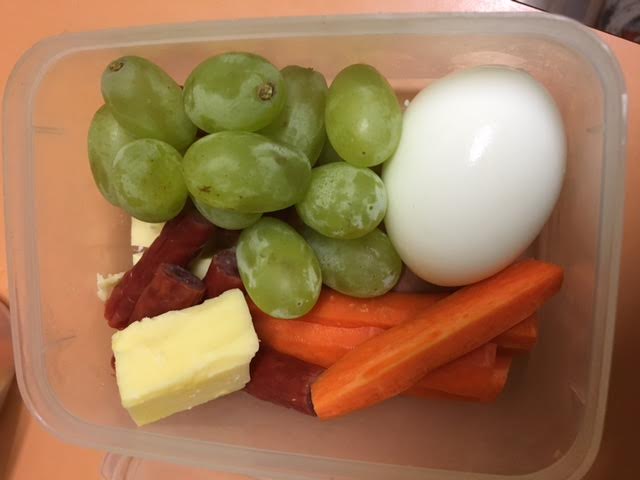 Easy Snack Box - cheese, salami, egg, grapes, carrot sticks.