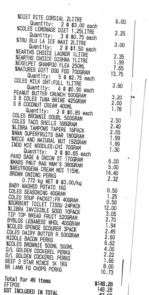 Coles $148.28 grocery shopping receipt