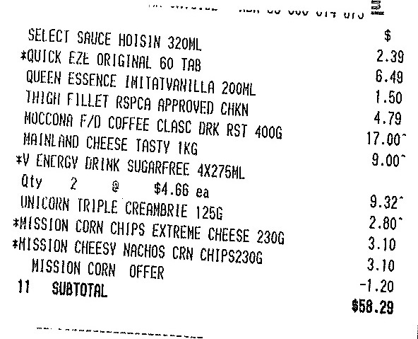 Woolworths $58.29 grocery shopping receipt