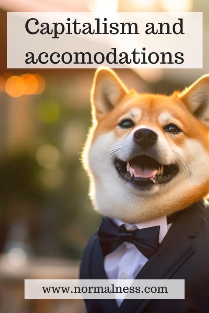 A white and orange faced dog in a human tuxedo. The blog post title "Capitalism and accomodations" and the url of the site "www.normalness.com" are also on the image.