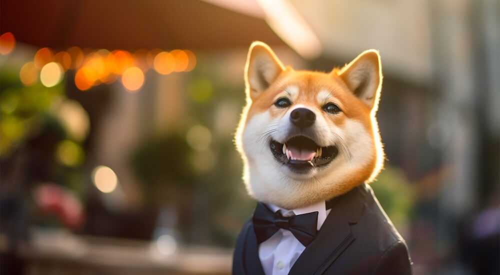 A white and orange faced dog in a human tuxedo.