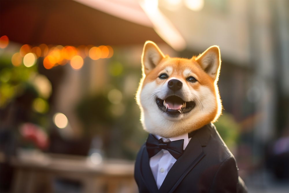 A white and orange faced dog in a human tuxedo.